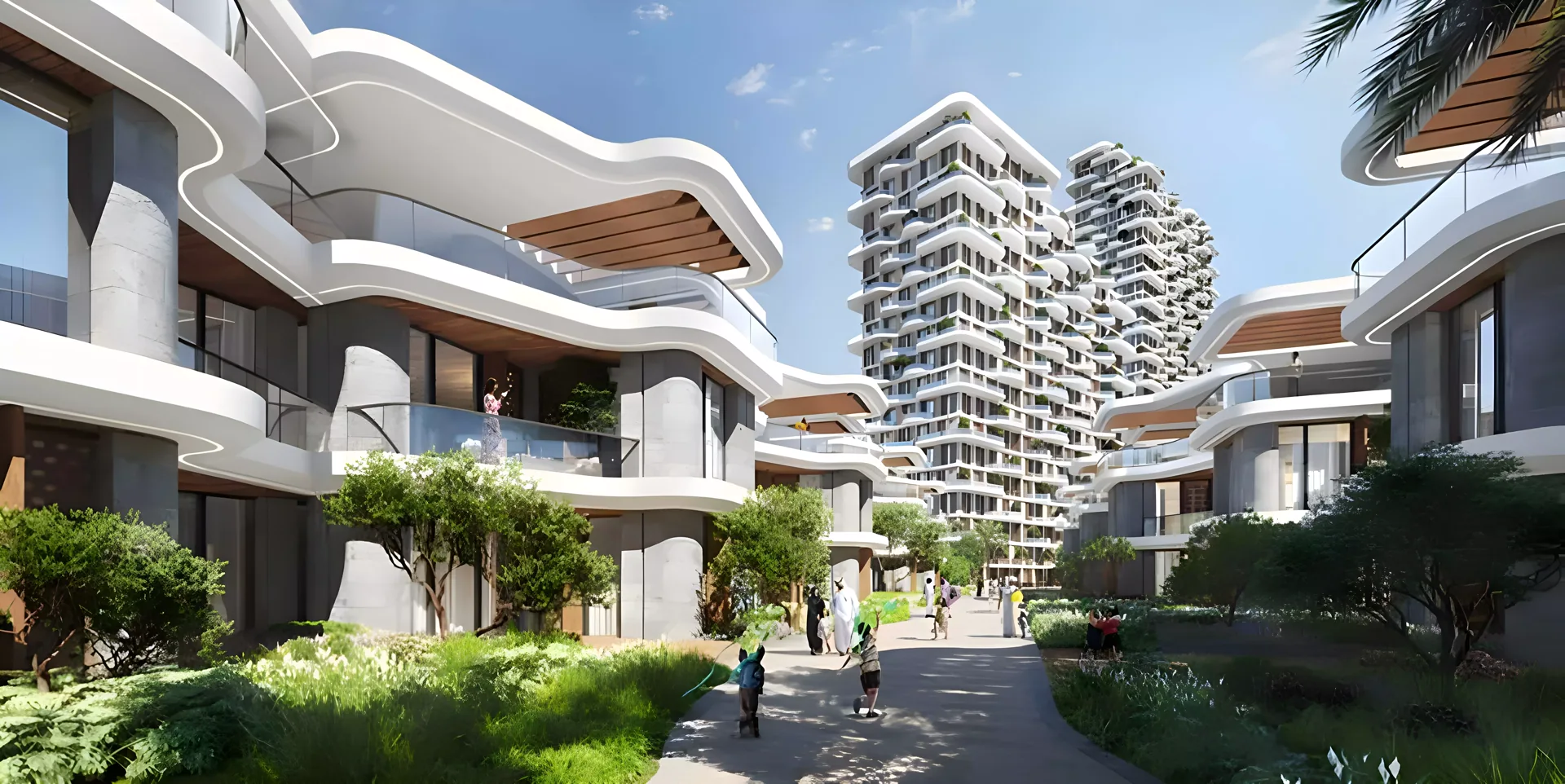 Takaya Melody — Property Finder courtyard still of wavy white podium townhouses with Takaya towers behind