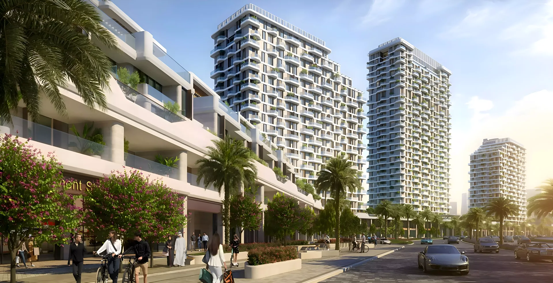 Takaya Melody — Property Finder street still of podium townhouses and retail with three Takaya towers