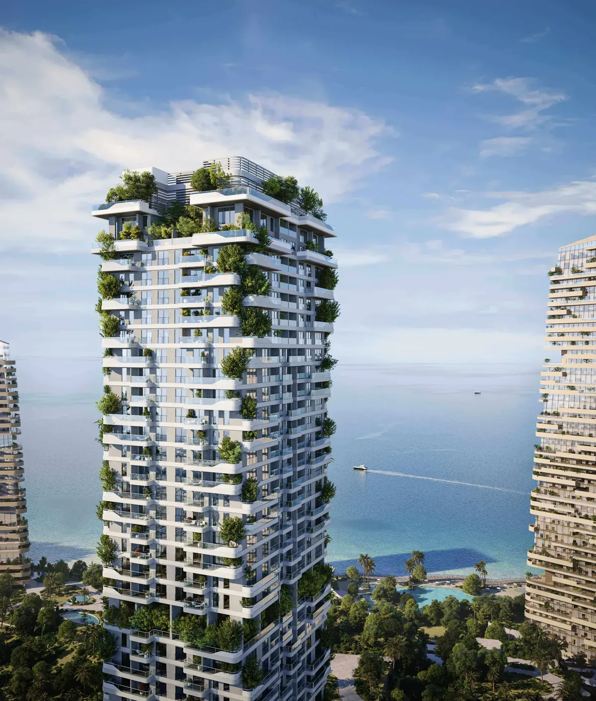 Talea by Beyond — official portrait exterior of the planted-terrace tower beside the sea
