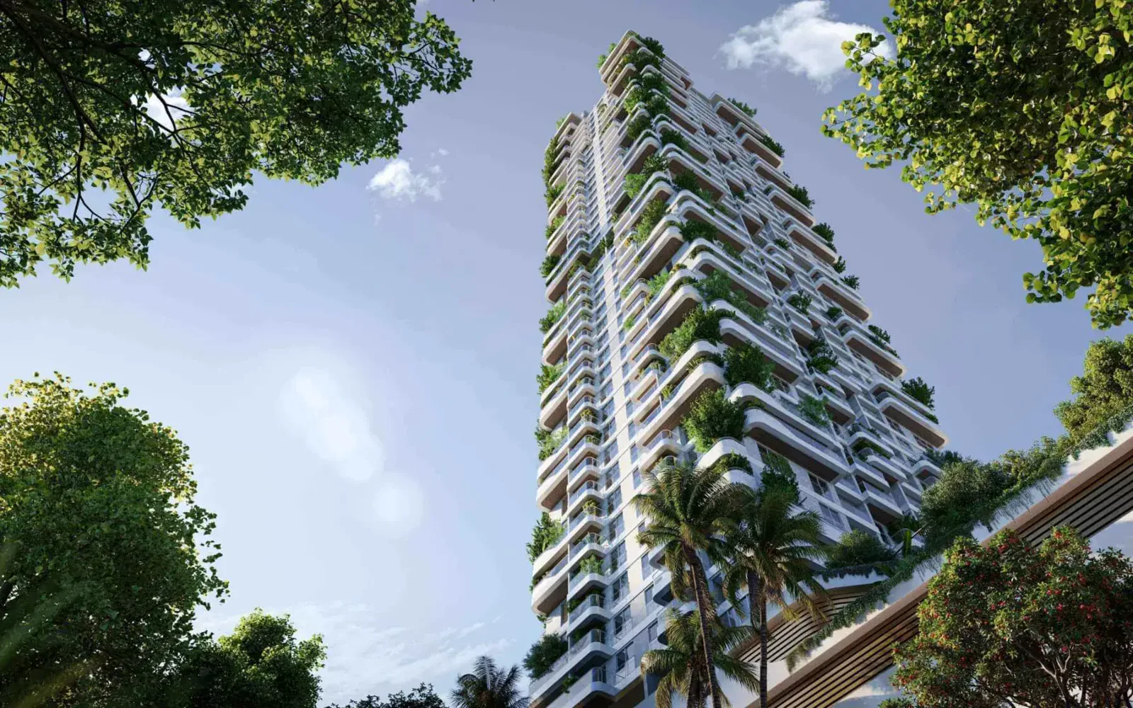 Talea by Beyond — ground-up exterior marketing still of the planted-terrace tower