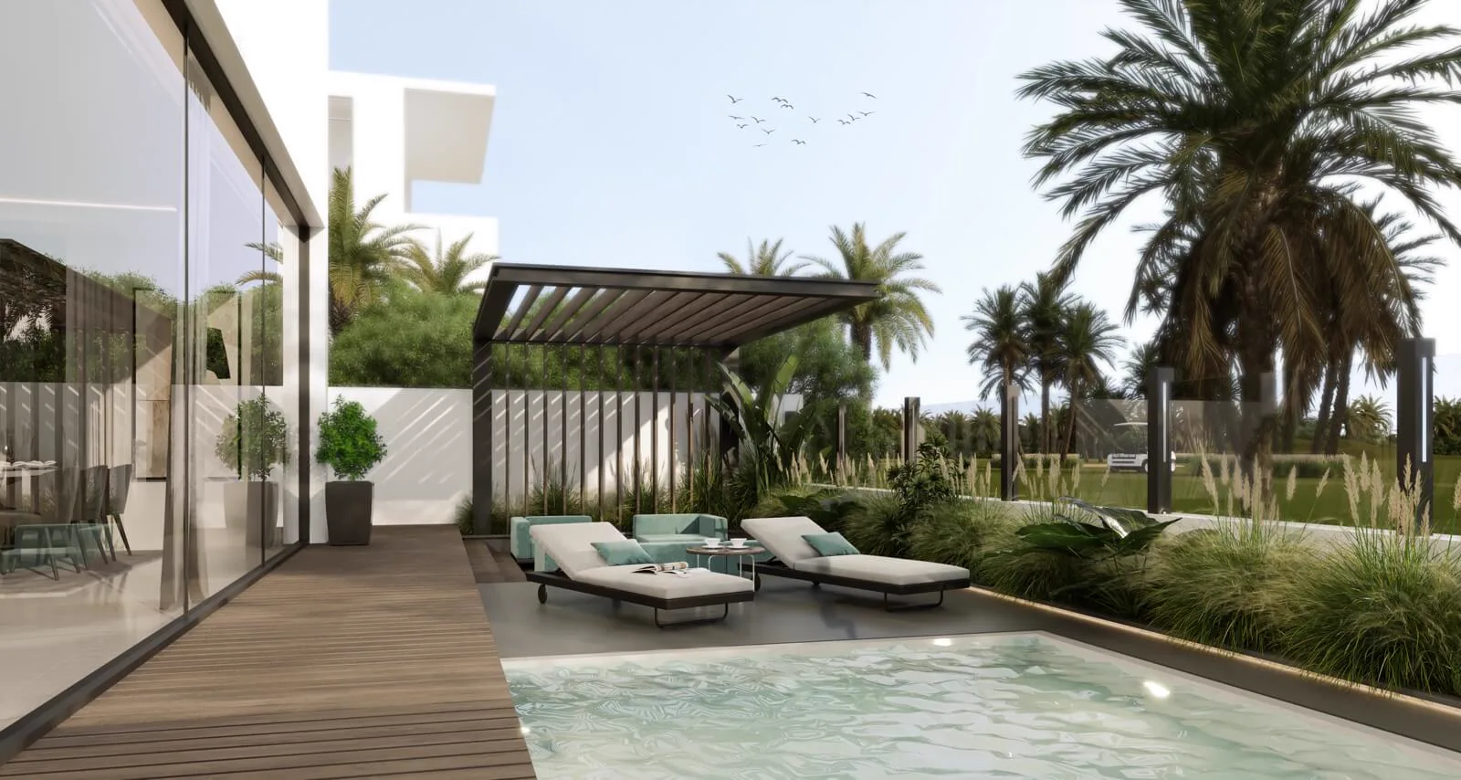 Terra Golf Collection — private backyard pool and terrace marketing still