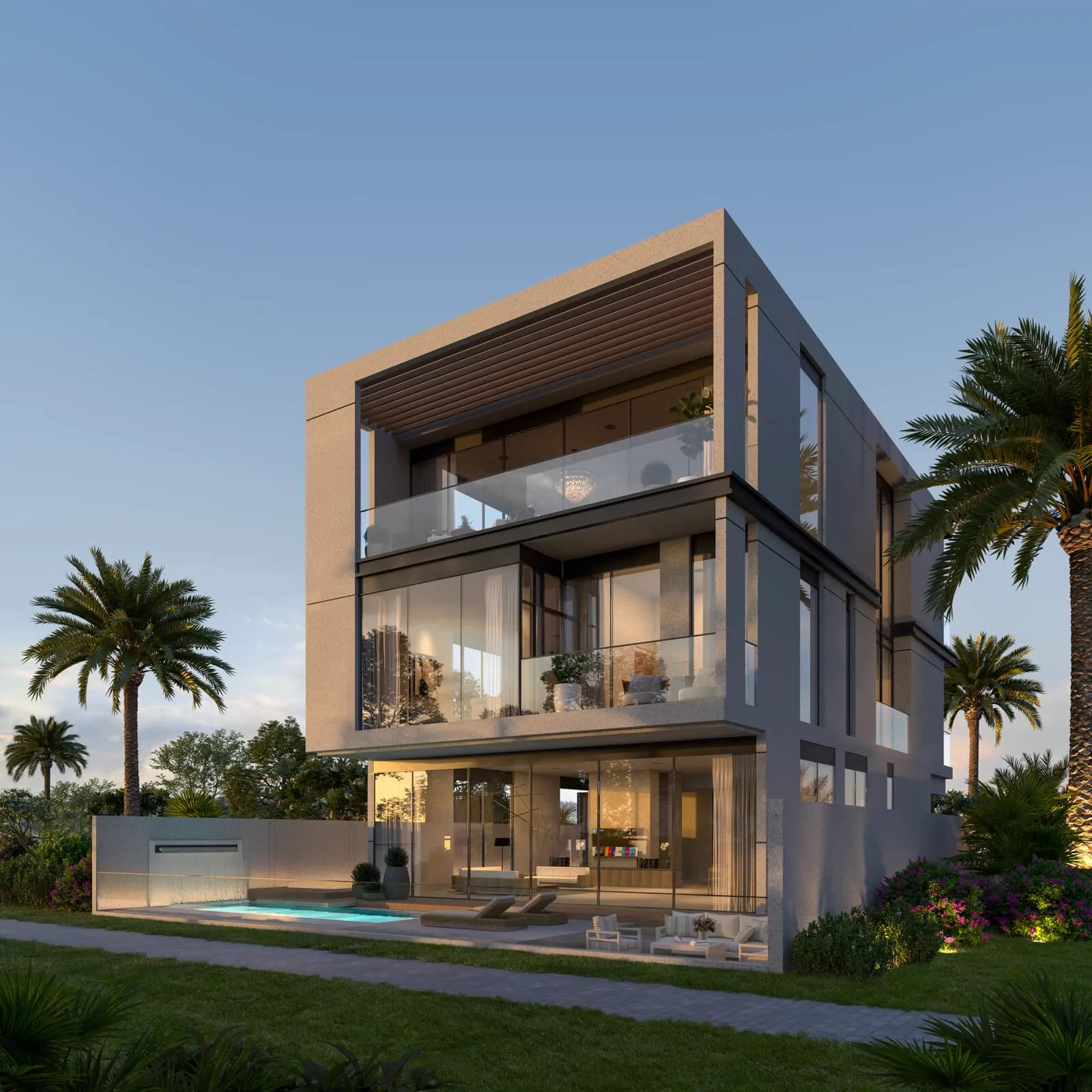 Terra Golf Collection — villa rear elevation with golf-course landscape marketing still