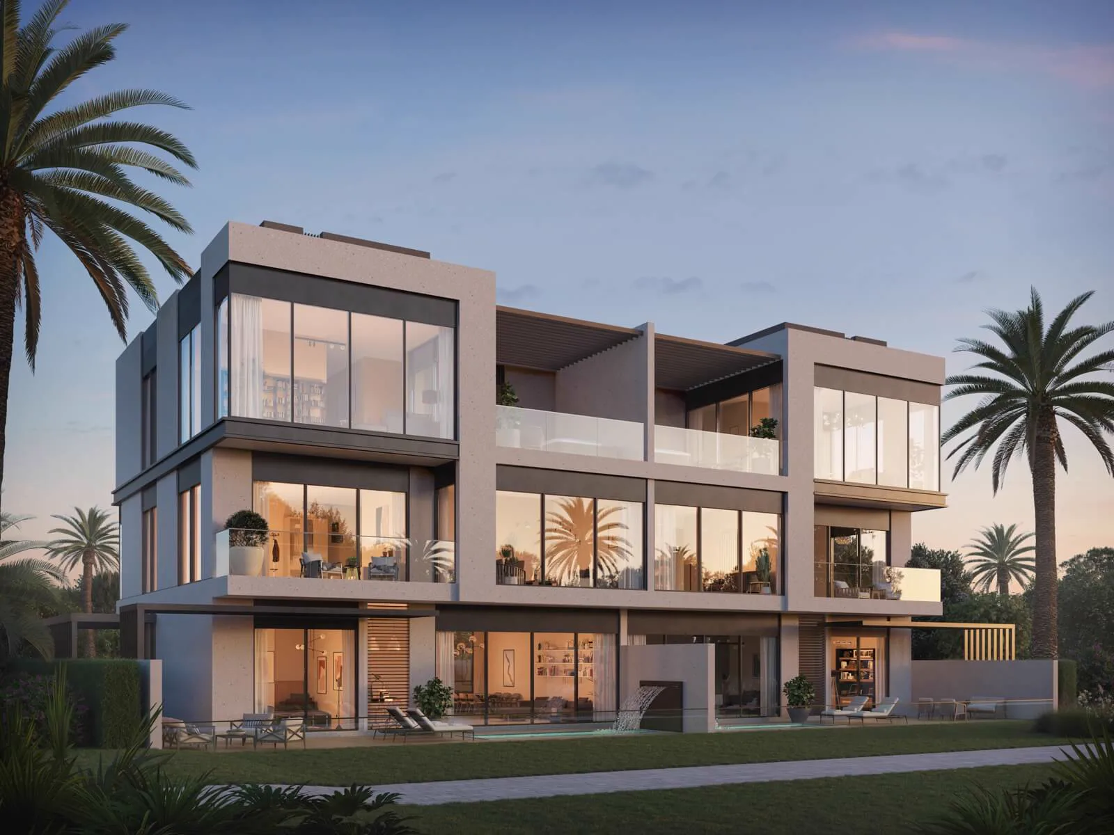 Terra Golf Collection — twin villa rear terraces marketing still