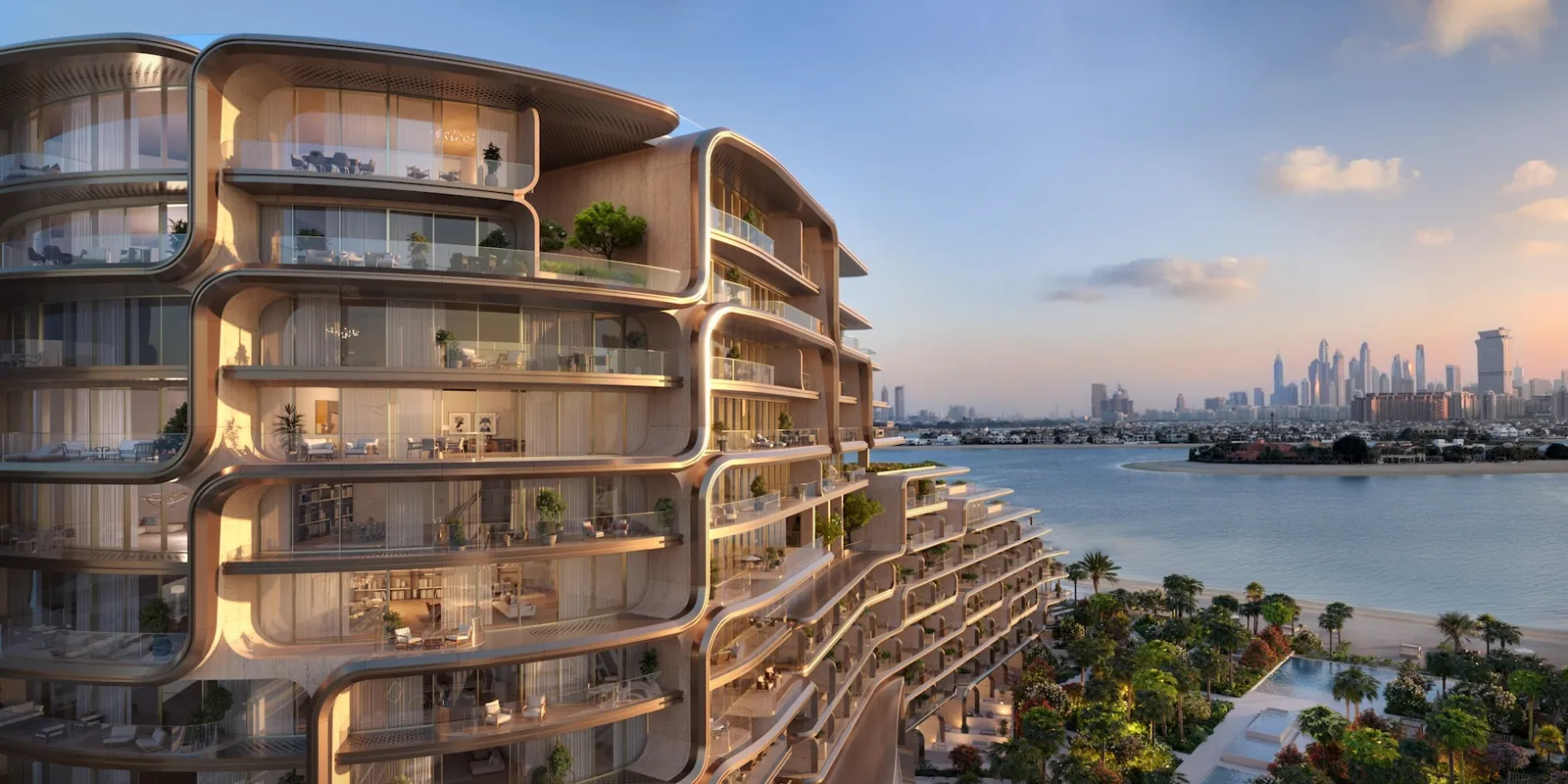 The Alba Residences — dusk exterior marketing still of multi-building massing (Omniyat)
