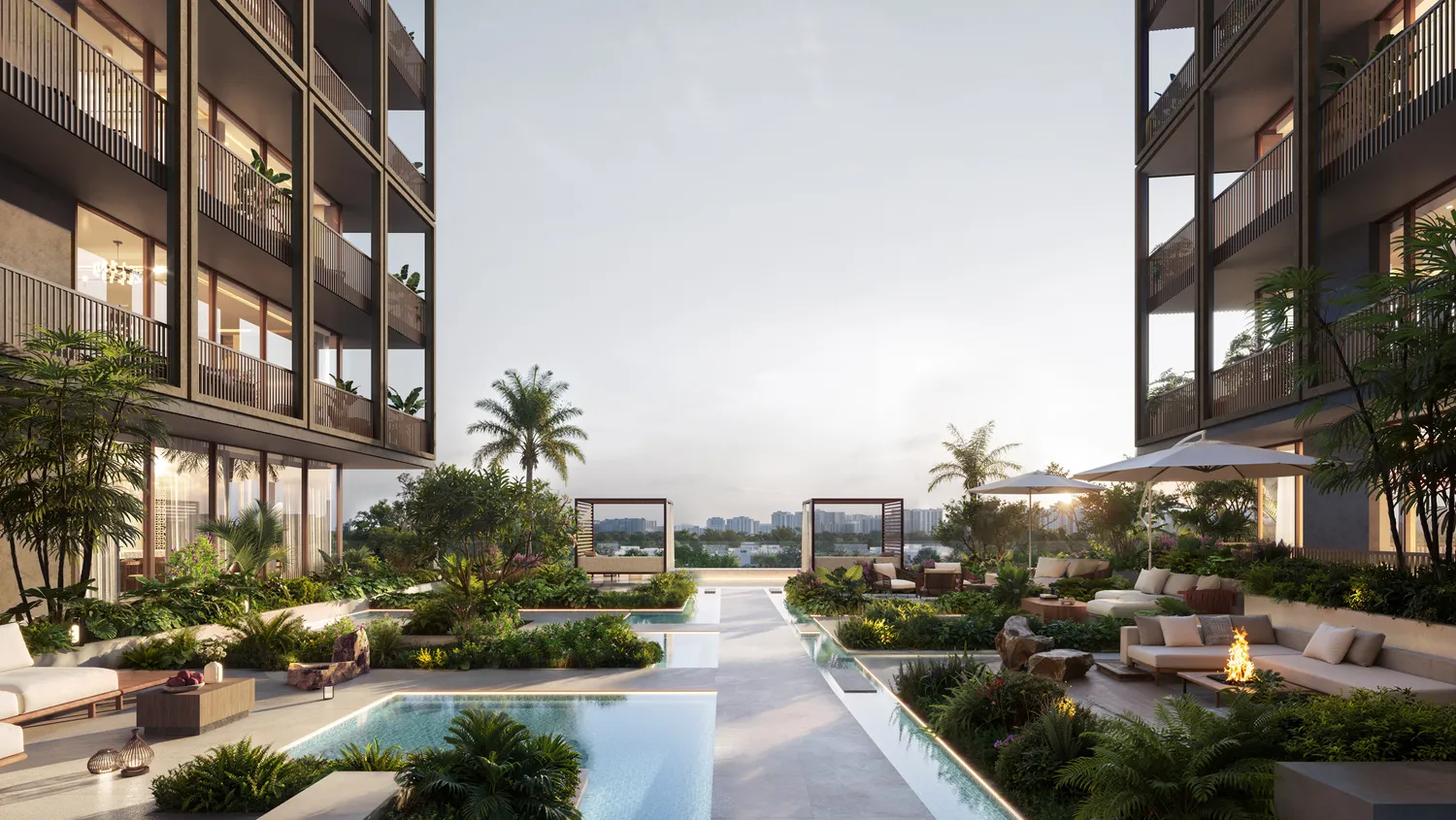 The Archive by Imtiaz — official courtyard pool and planting marketing still between the two cubes