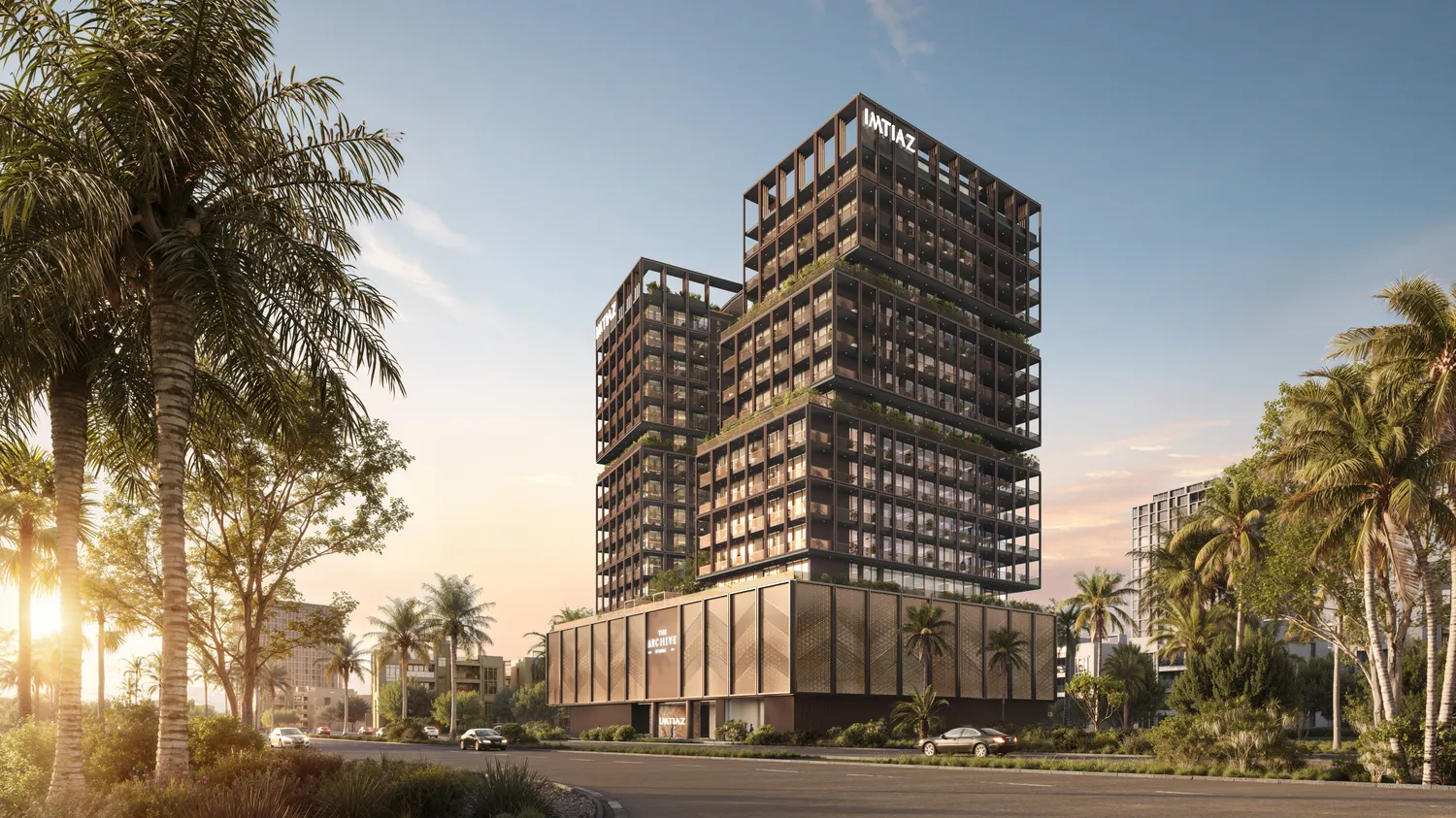 The Archive by Imtiaz — official street-level exterior marketing still of the stacked cubes at sunset