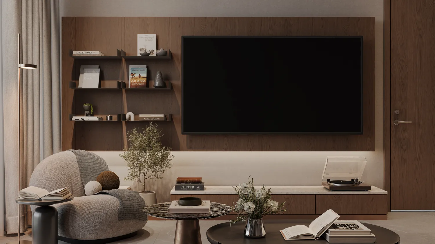 The Archive by Imtiaz — official living-room marketing still with bookshelves and a reading chair