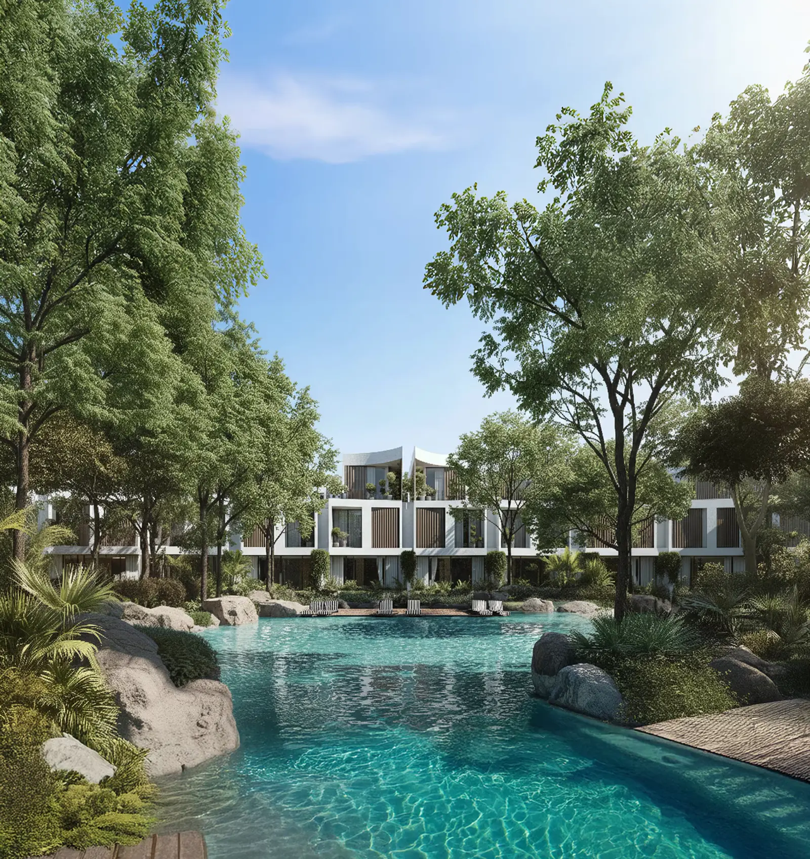 Lunaya / Bloom marketing — lagoon-side daytime view of white residential row with curved roofs