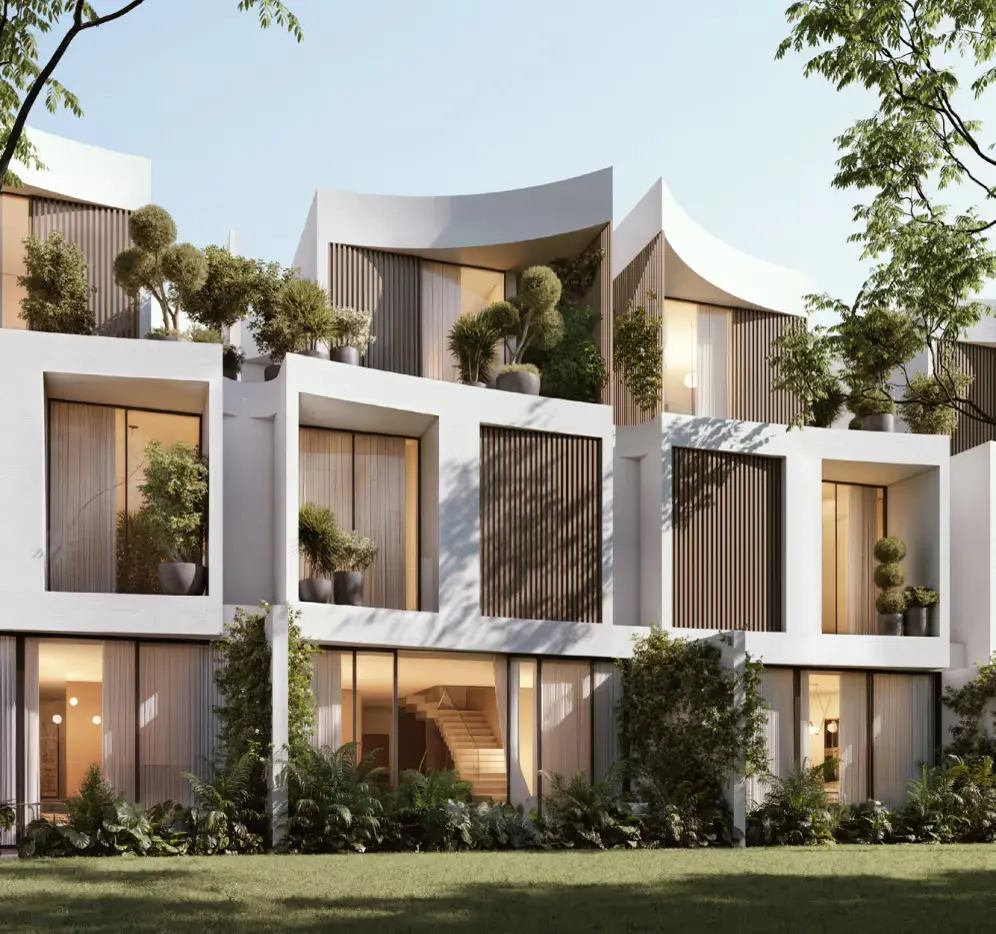 The Bloom at Lunaya — official street-level townhouse facade with curved roofs and wood detailing