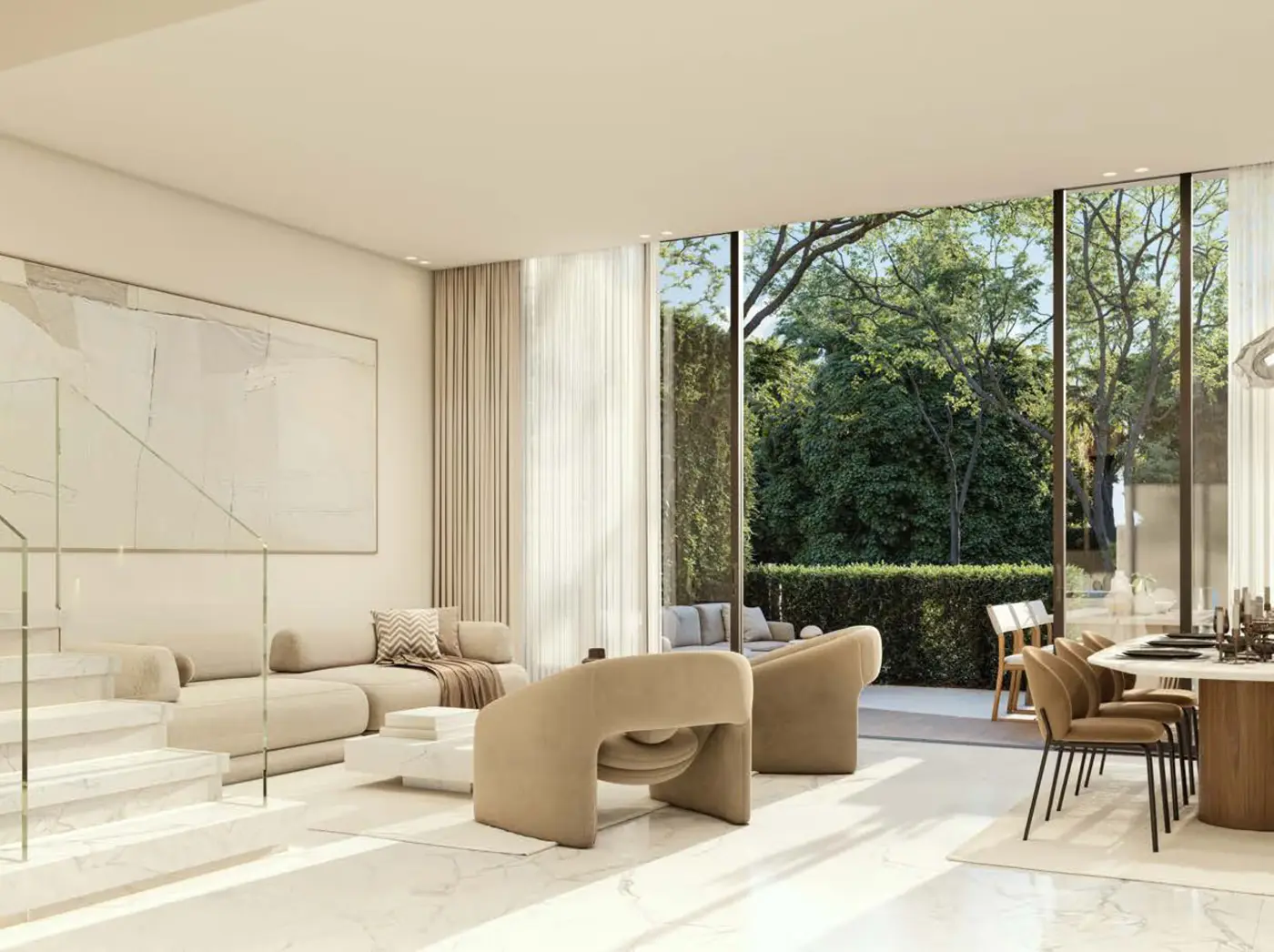 The Bloom at Lunaya — open-plan living and dining interior with garden outlook