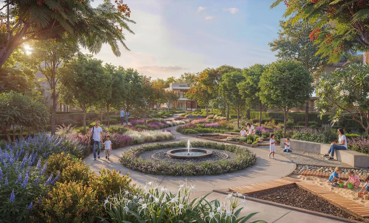 The Brooks — sensory garden amenity marketing still