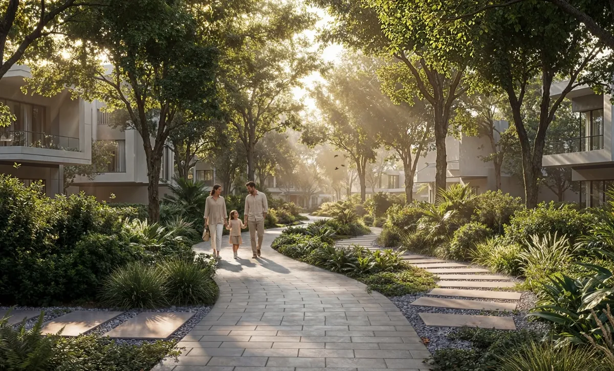 The Brooks — forest walkway landscaping marketing still