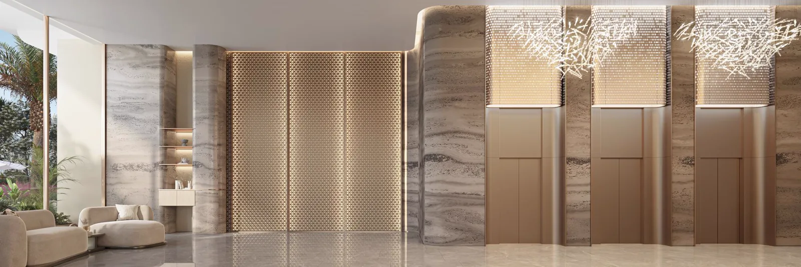 The Caden — official lobby with marble columns, gold screen and ribbon lighting