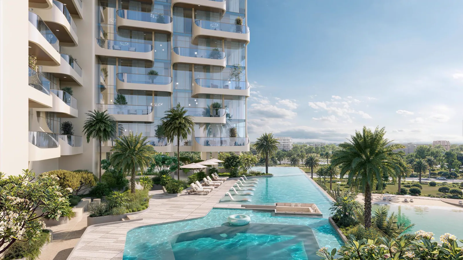 The Caden — official podium pool under curved stacked balconies