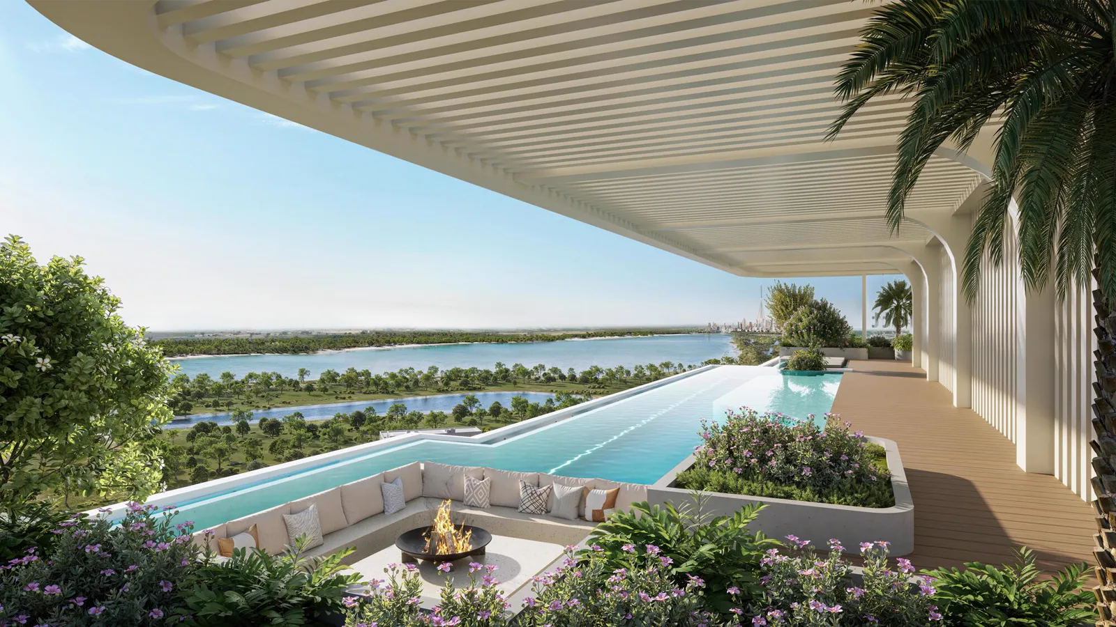 The Caden — official rooftop infinity pool and firepit terrace toward the canal