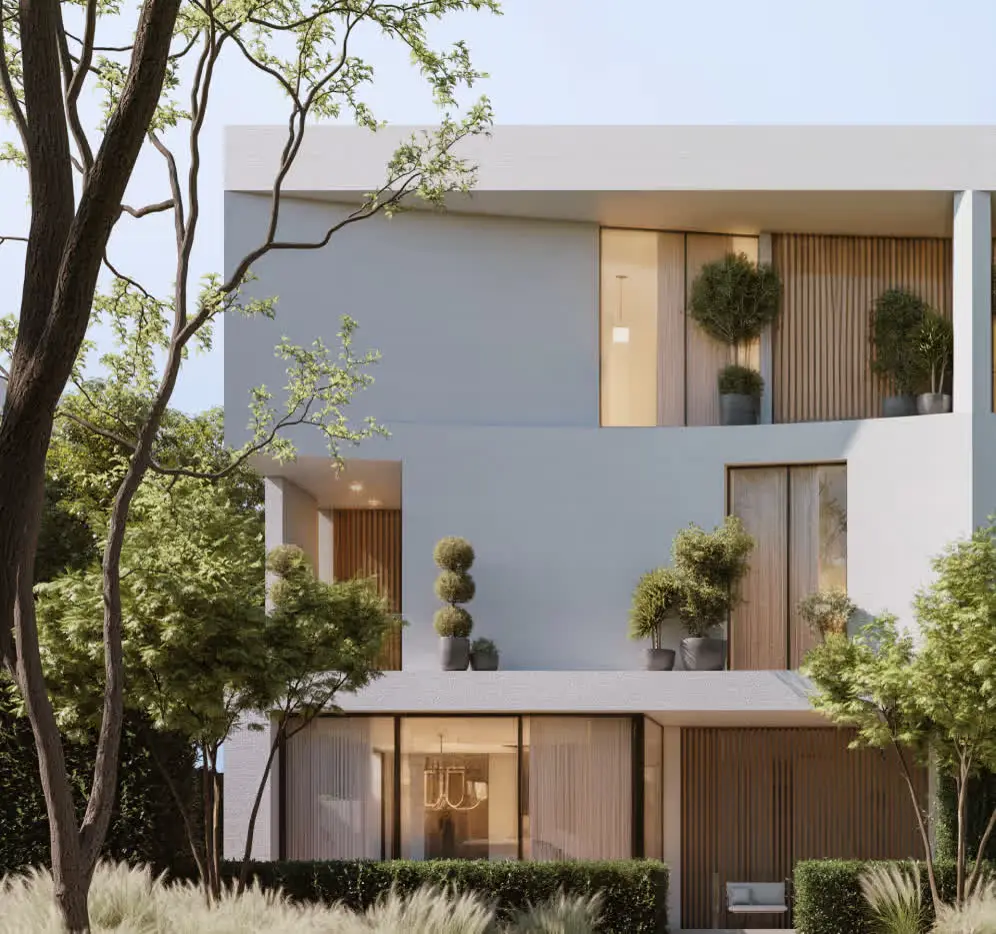 The Dune at Lunaya — official collection-card facade crop with wood slats and planted terraces