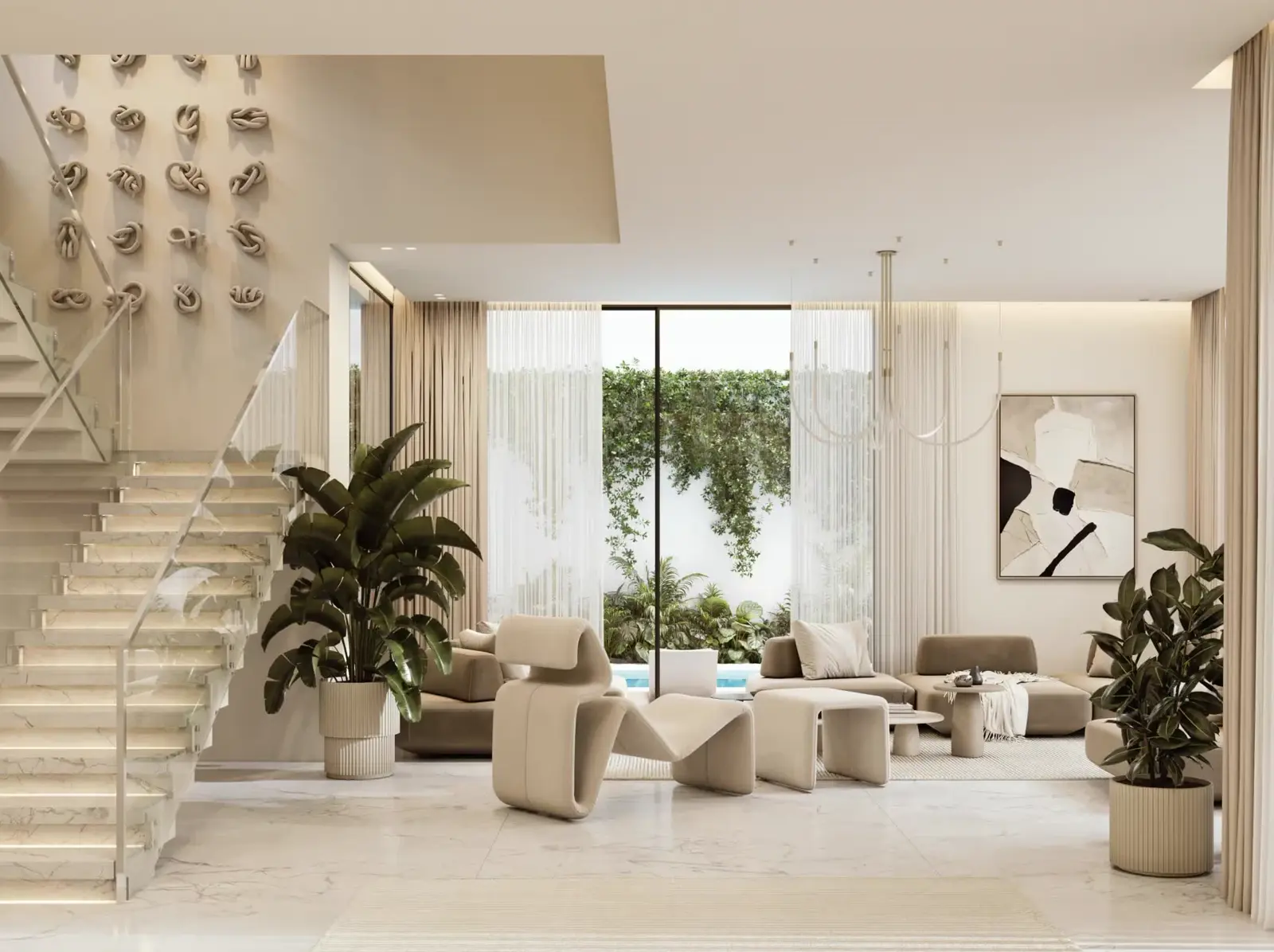 The Dune at Lunaya — official living-room marketing still opening to courtyard greenery