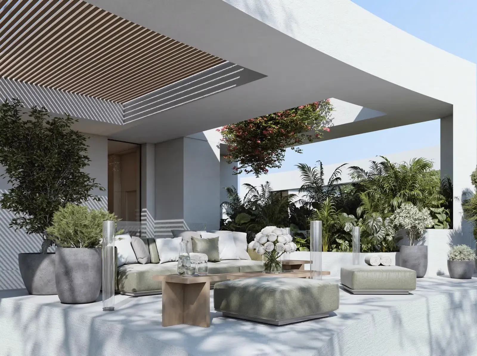 The Dune at Lunaya — official terrace seating still under slatted canopy