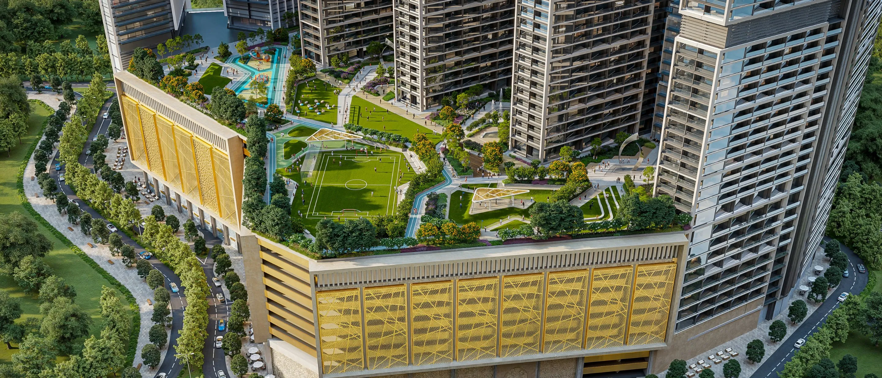 The Eden / Sobha Central — official aerial of the gold podium park, sports lawns and surrounding towers