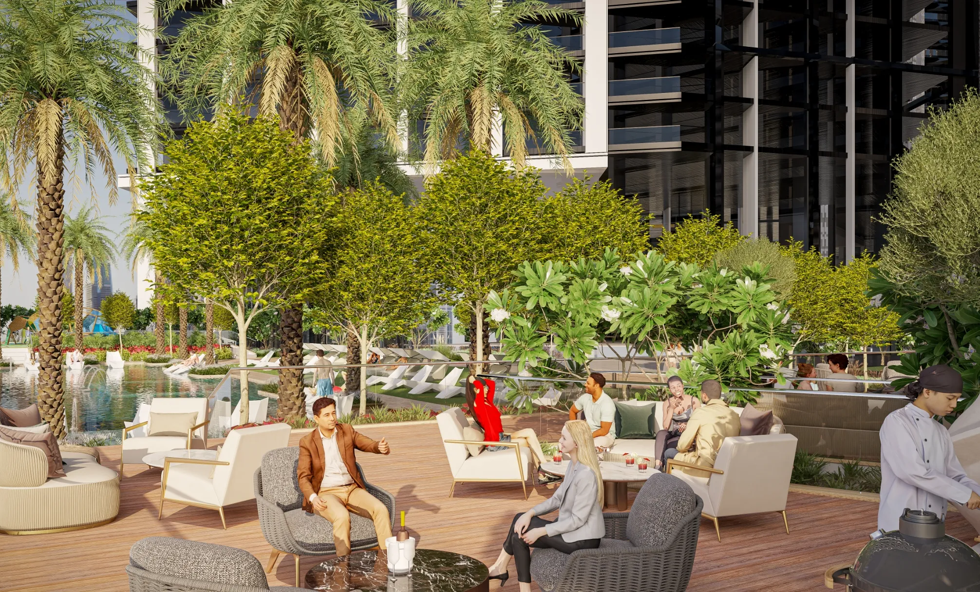 The Eden — official amenity terrace and poolside lounge marketing still