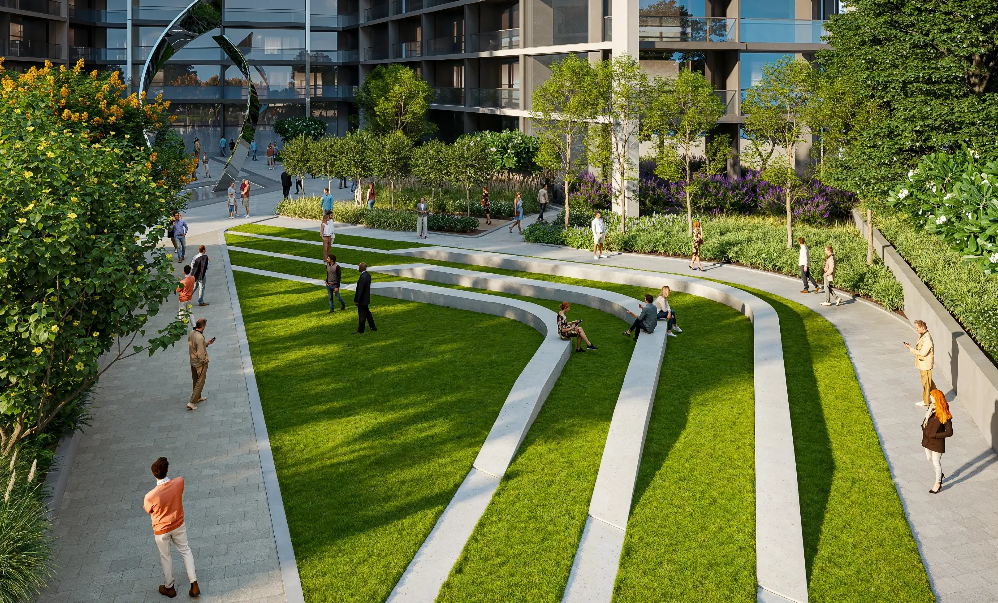 The Eden — official landscaped podium park with curved lawn seating