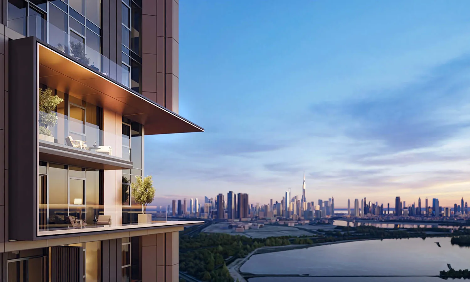 The Highgrove — facade render with the Dubai skyline