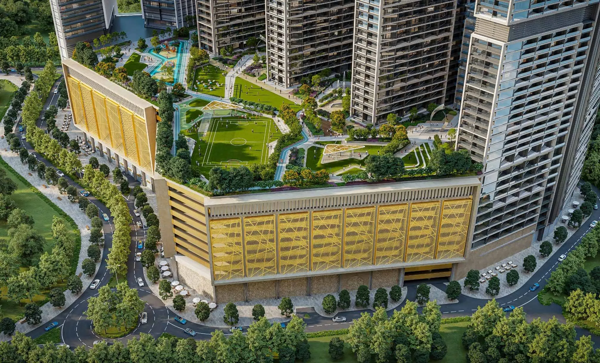 The Horizon / Sobha Central — official aerial of the gold podium park, sports lawns and surrounding towers