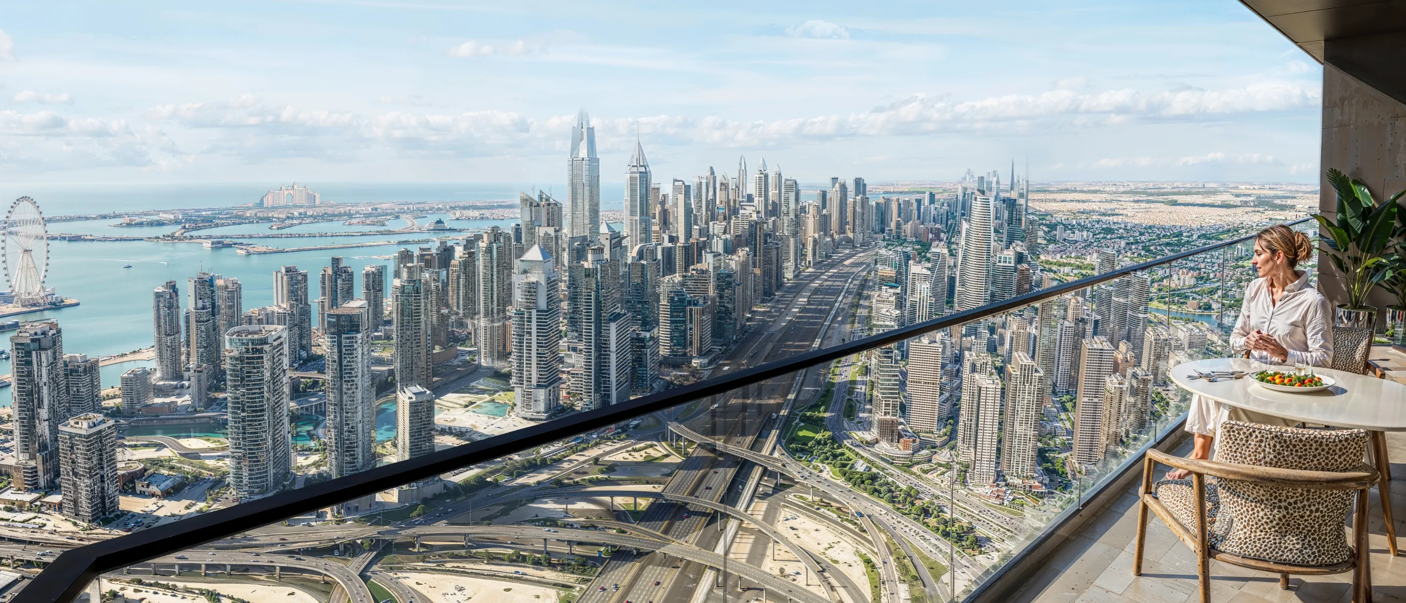 The Horizon — official balcony marketing still looking toward Marina, Palm Jumeirah and Sheikh Zayed Road