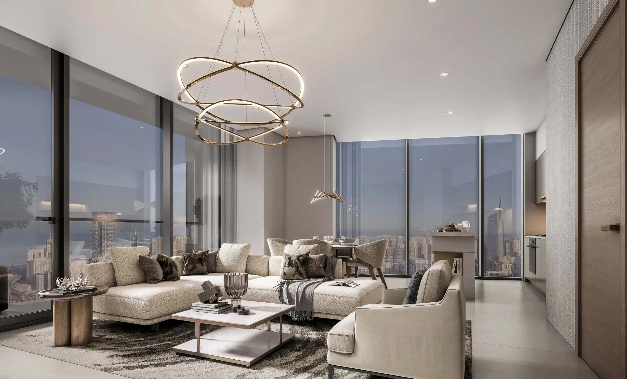 The Horizon — official living-room marketing still with floor-to-ceiling city views
