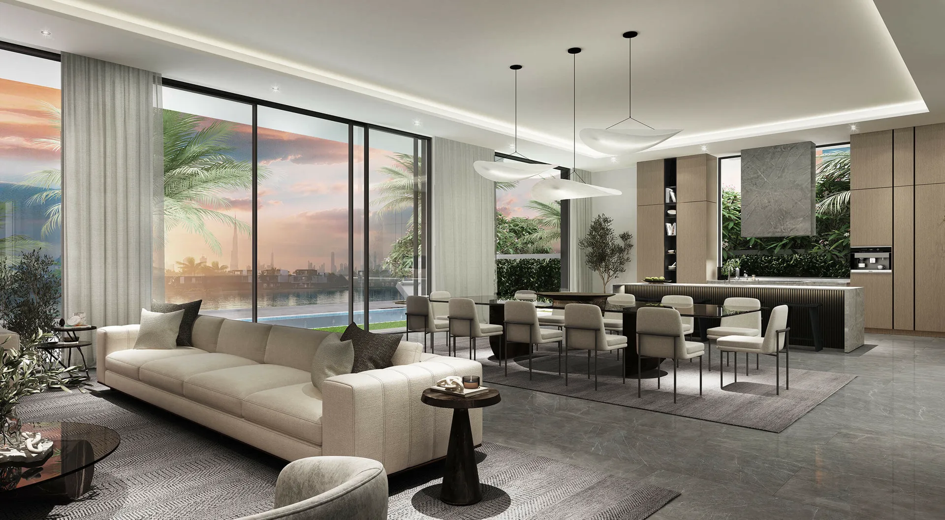 The Sanctuary by Ellington — official living and dining interior with lagoon and skyline view