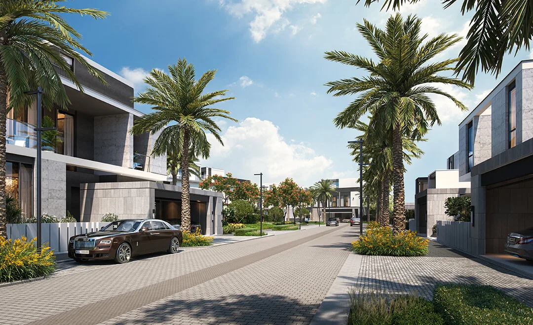 The Sanctuary by Ellington — official villa street with palms and carports