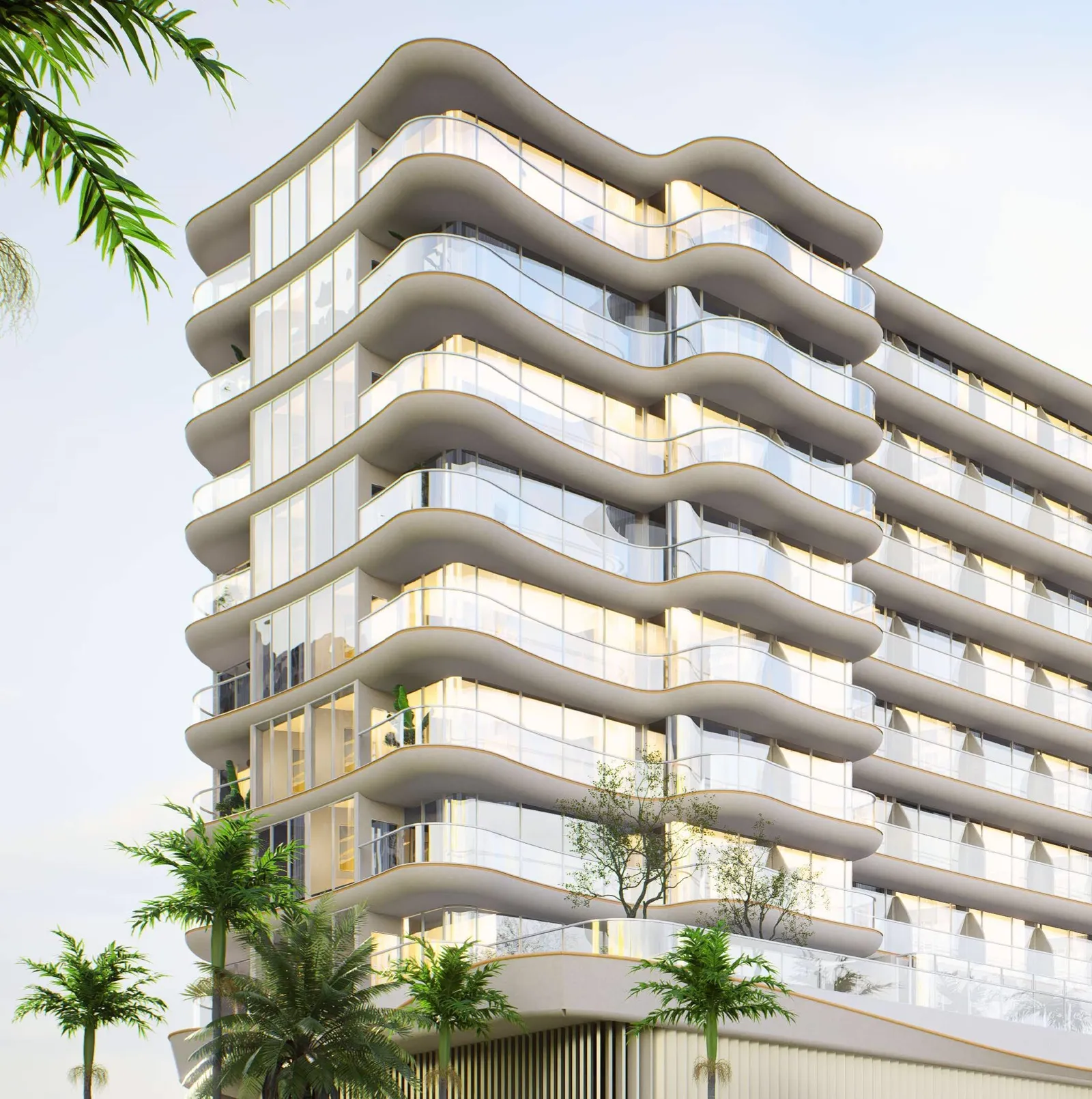 The One by Rabdan — marketing façade close-up with wavy balcony lines