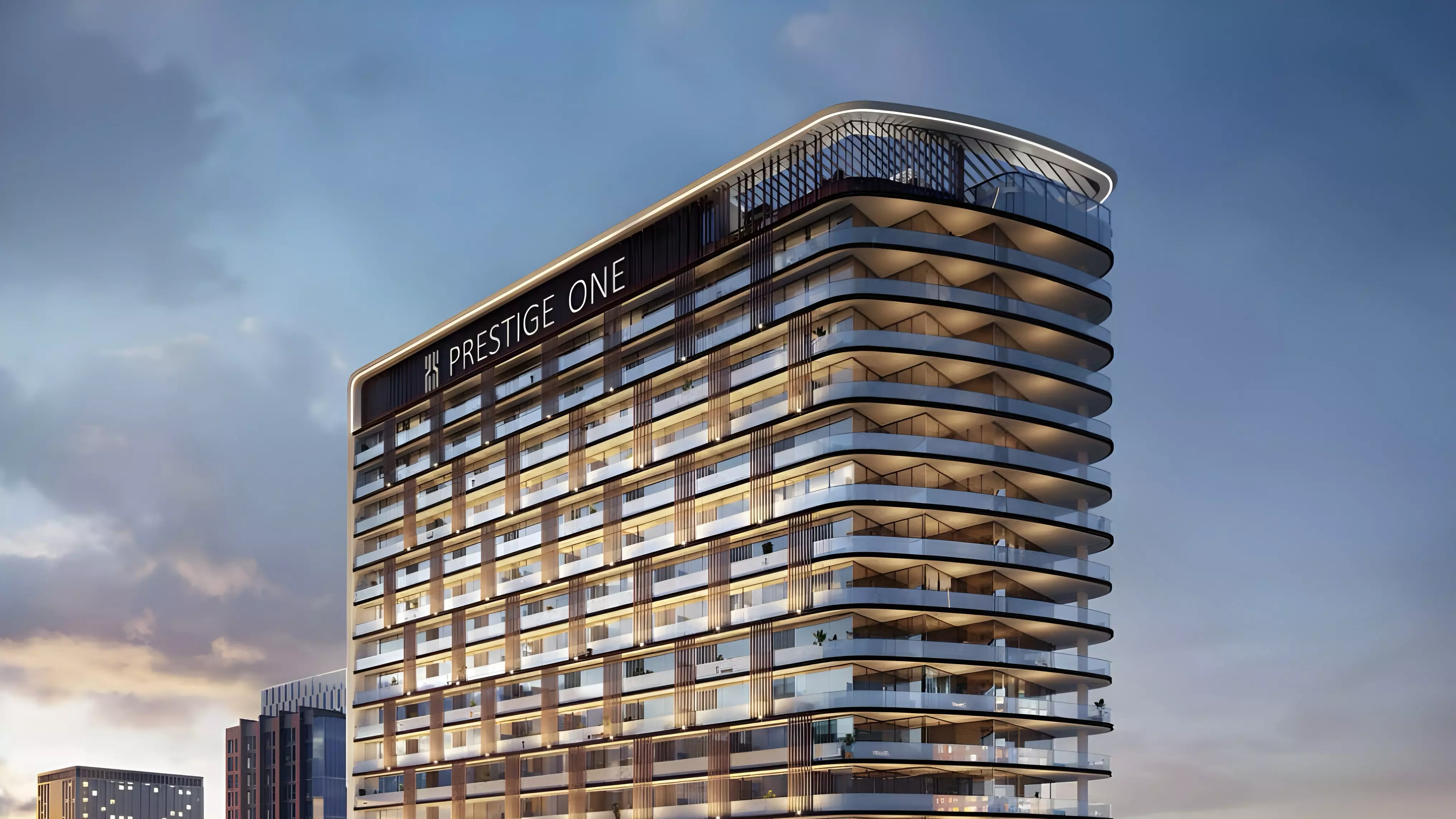 The Place by Prestige One — closer dusk façade crop of the same PRESTIGE ONE tower