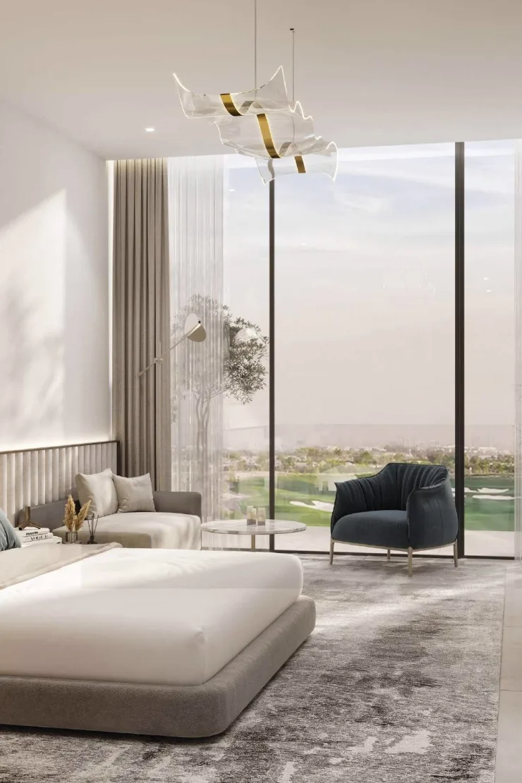 The Place by Prestige One — bedroom marketing still with golf-course view