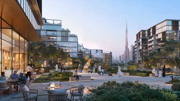 DIFC Zabeel District public realm and mid-rise campus with Burj Khalifa — district marketing