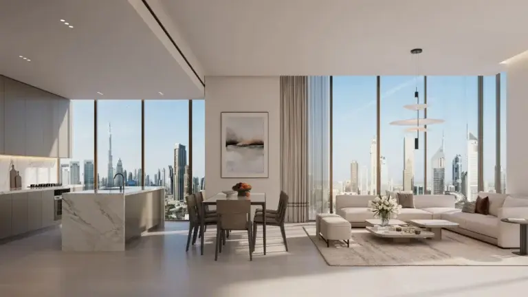 Living room interior marketing still with city view