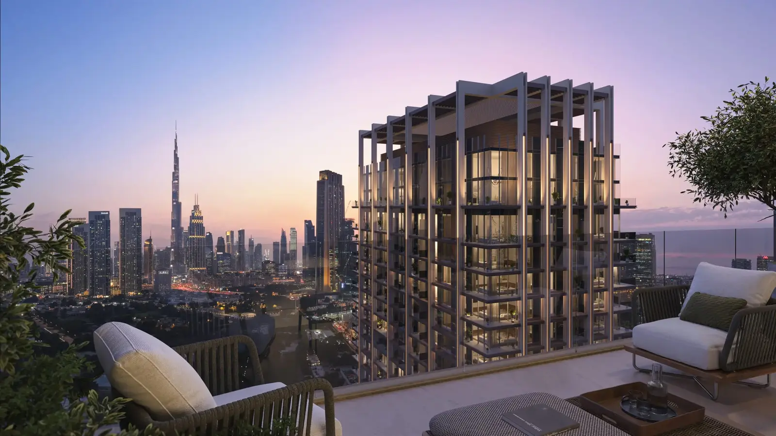 Terrace view toward tower crown and Burj Khalifa skyline — marketing render