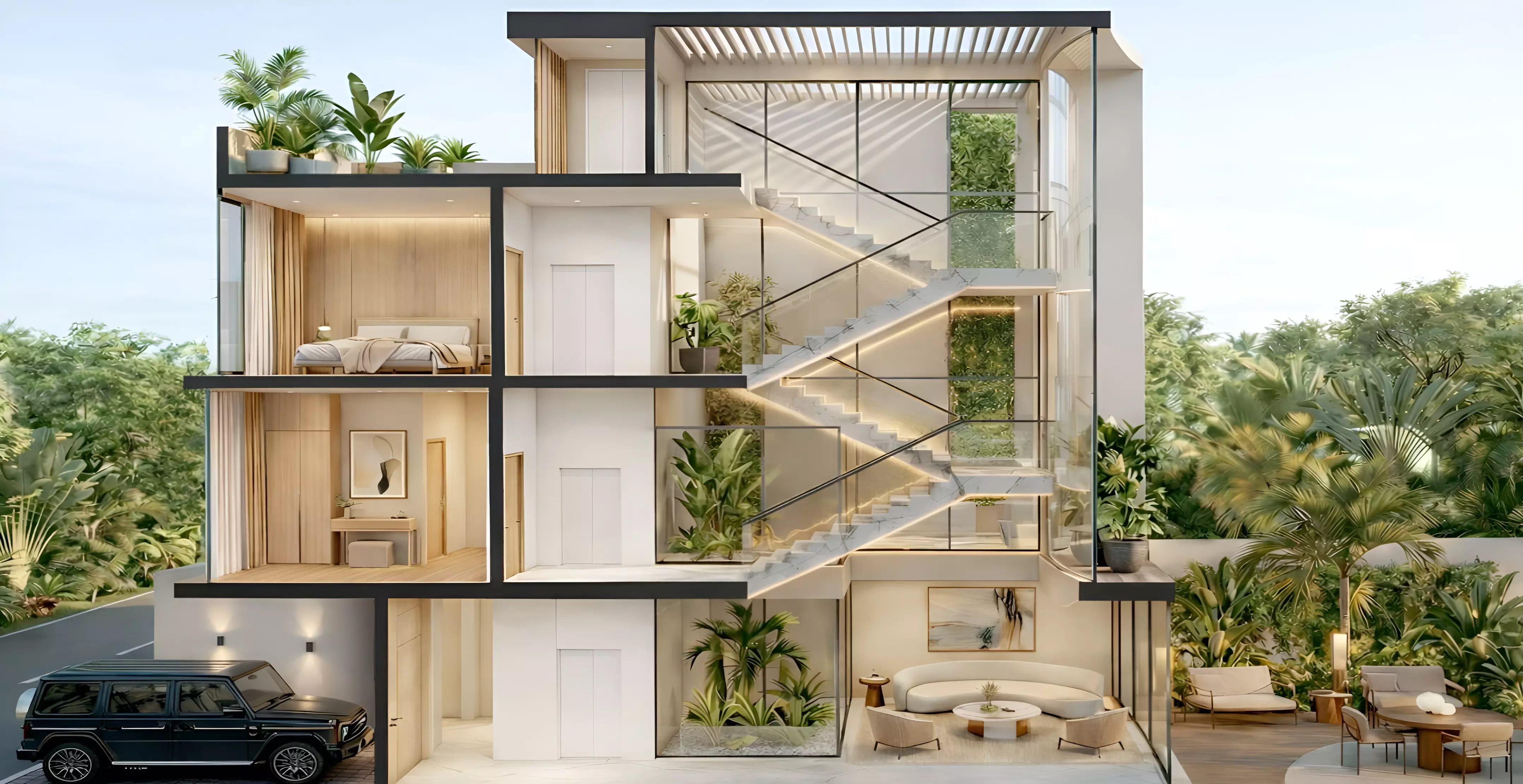 The Rise at Lunaya — section cutaway showing multi-level interiors and internal garden