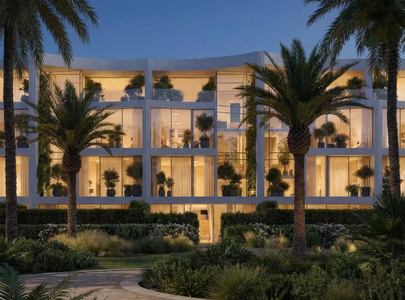 Lunaya / Rise marketing — night multi-unit white residential facade with palms