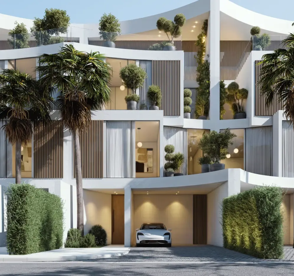 The Rise at Lunaya — official street-level exterior with garage and planted facade