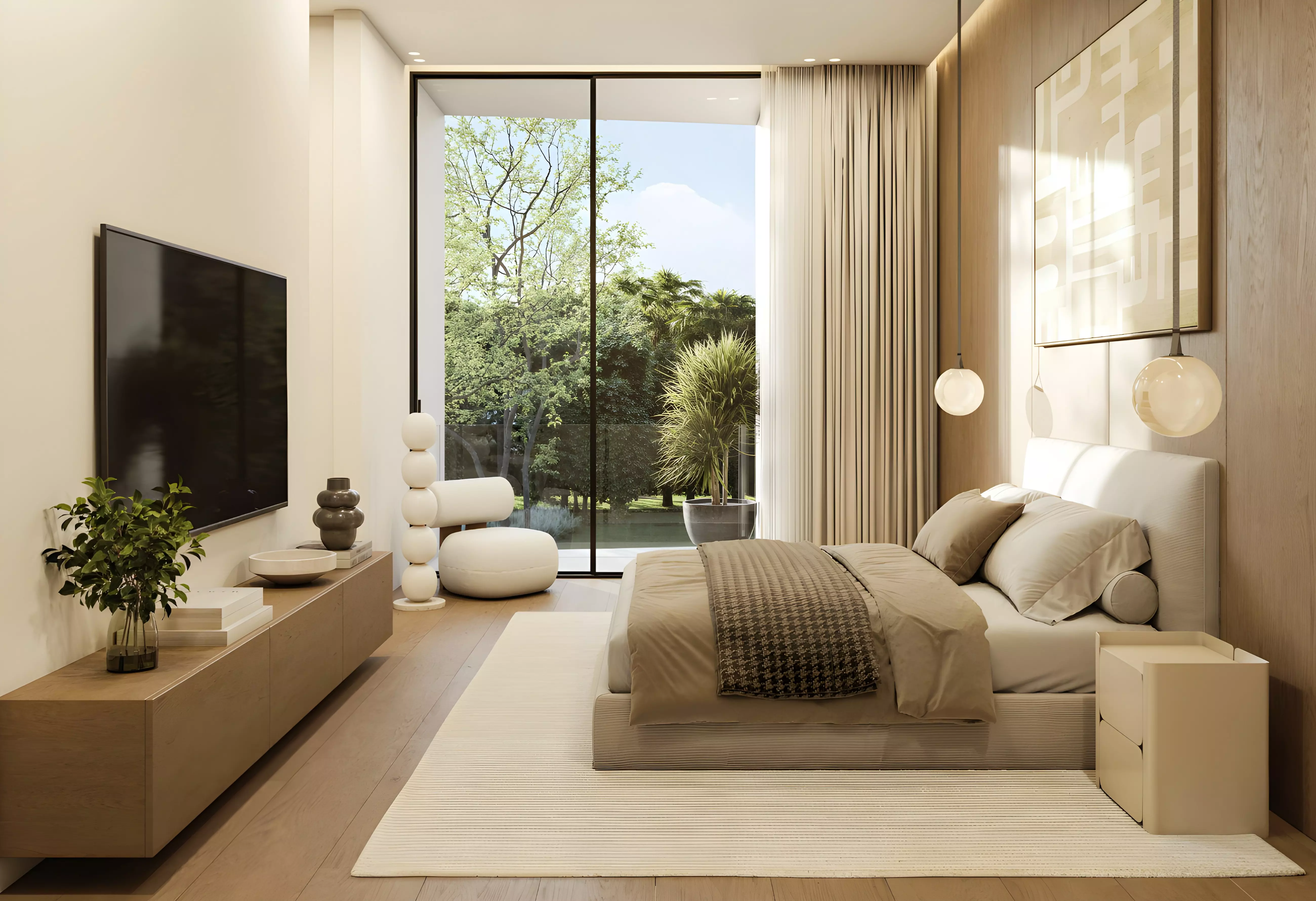 The Rise at Lunaya — bedroom interior marketing still with garden outlook
