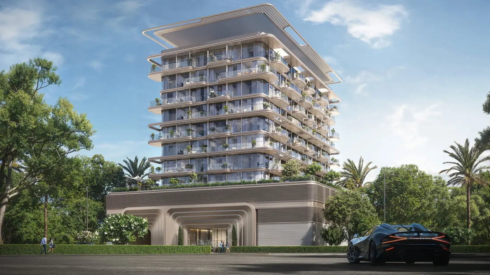 The Tides by AMIS — official street still, stacked terraces over a bronze podium entrance