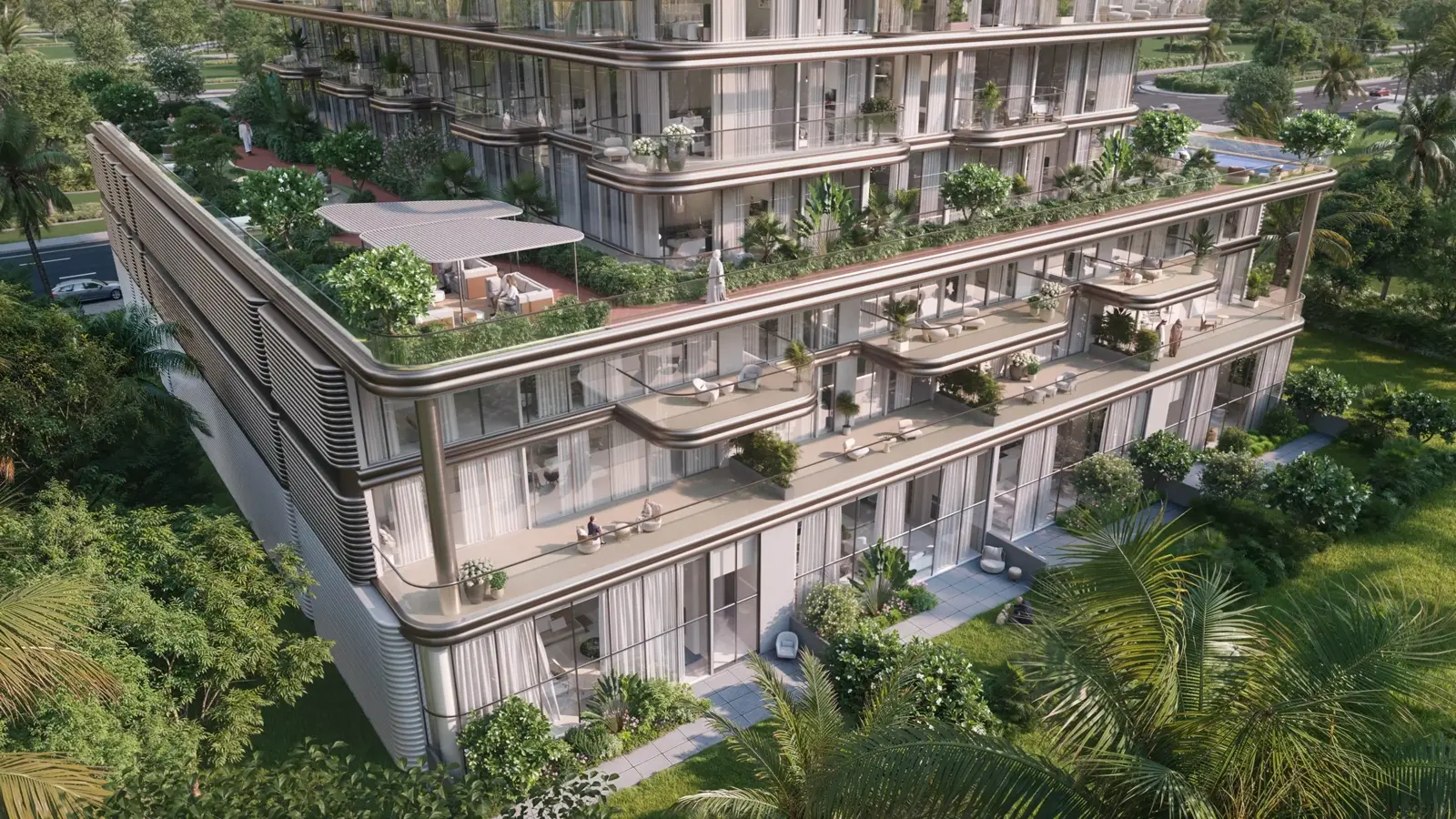 The Tides by AMIS — official podium-terrace still with planted decks and curved bronze bands
