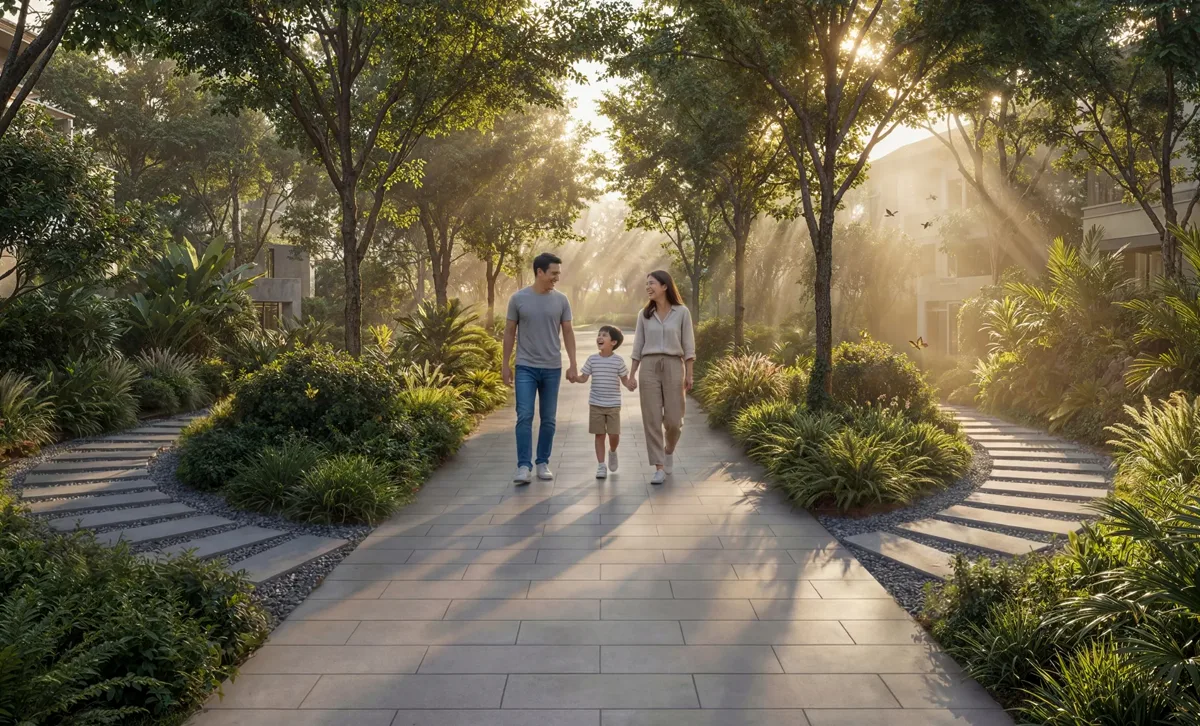 The Woods — landscaped exterior and tower elevation marketing still