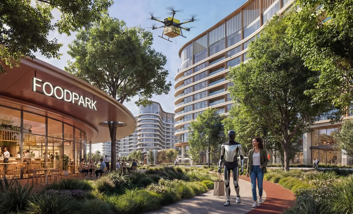 The Woods — garden court and water feature marketing still