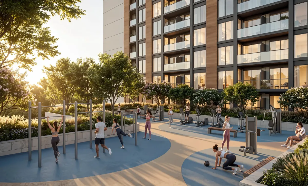 The Woods — outdoor fitness amenity marketing still