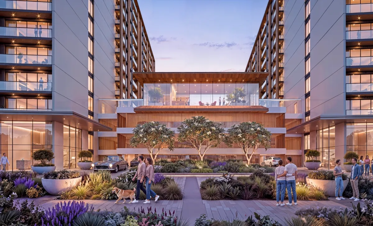 The Woods Retreat — courtyard between two apartment wings with a glazed sky-bridge, marketing still