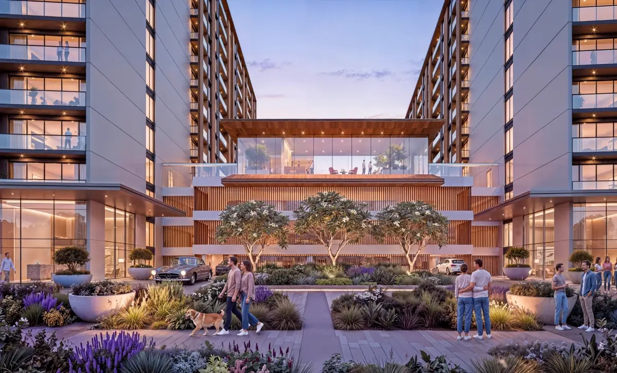 The Woods Serenity — courtyard between two apartment wings with a glazed sky-bridge, marketing still