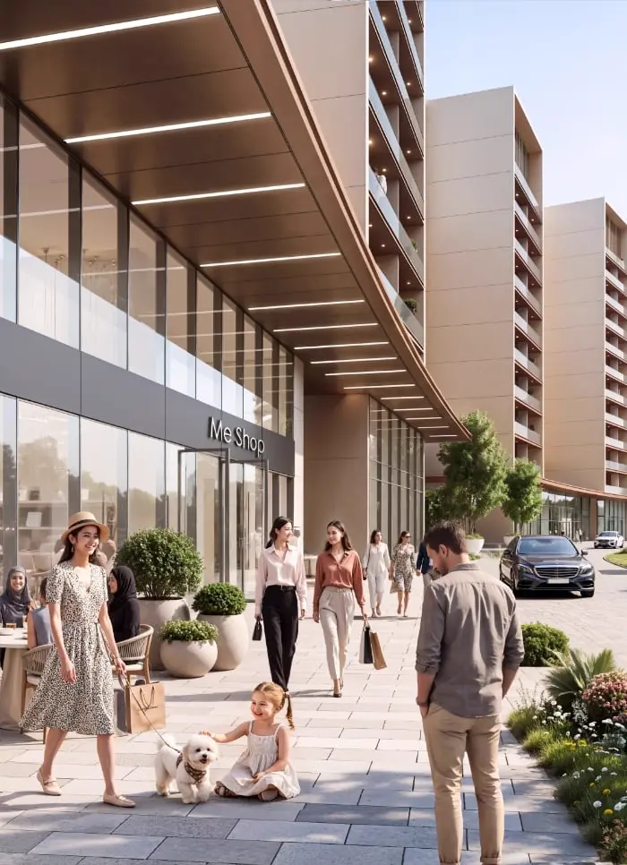 The Woods Serenity — ground-floor retail colonnade against the beige apartment elevation, marketing still