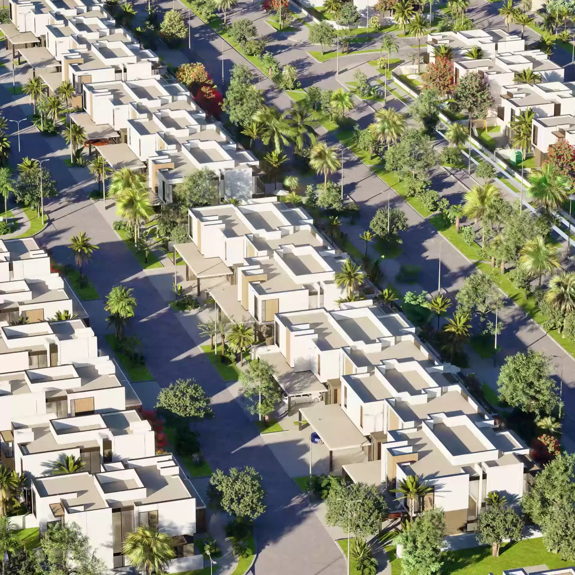 Theon at Athlon — official aerial of attached townhouse / plex rows along landscaped streets